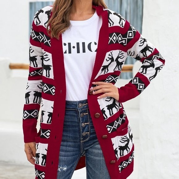 Sweaters - Red Christmas Elk Print Buttoned V Neck Knitted Sweater